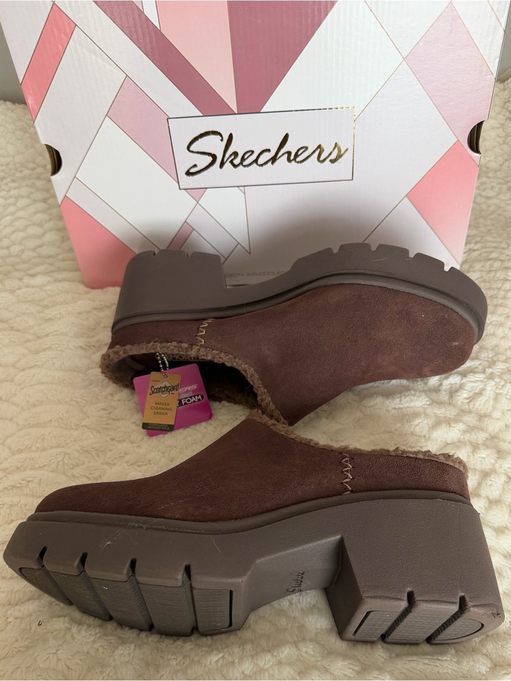 Skechers Cozy City Brown Suede Platform Clogs with Faux Shearling Trim
